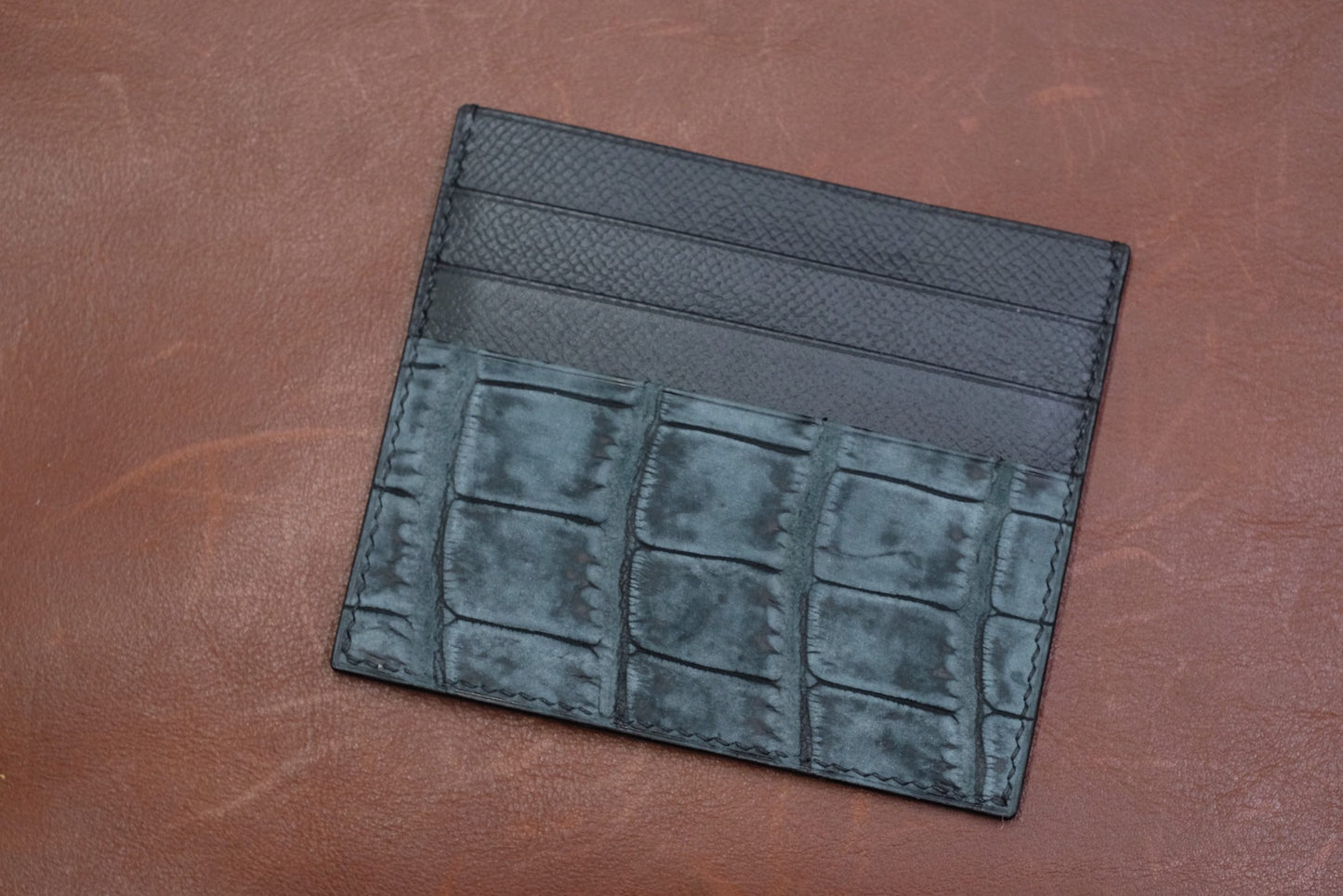 Grey nubuck crocodile card holder HDCH01