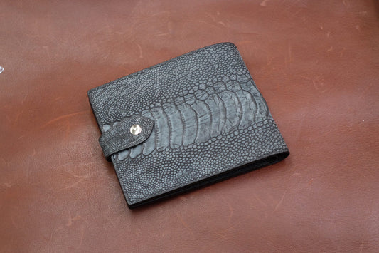 Grey stonewashed Klein Karoo ostrich leg bilfold wallet HDWA58