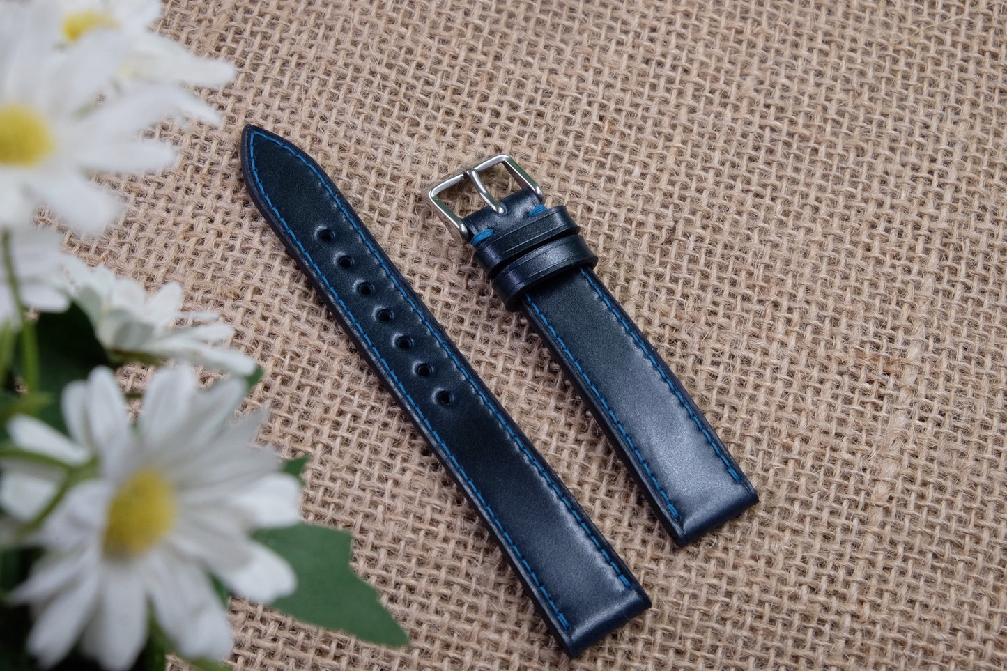 Navy blue Shinki Hikaku shell cordovan leather strap HDSC09