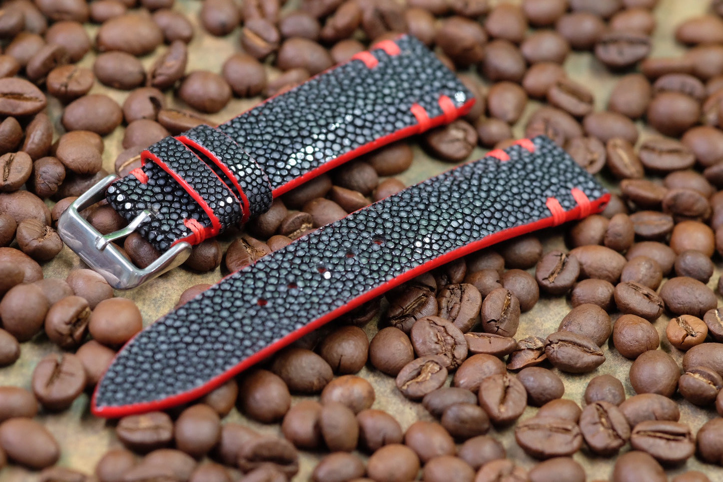 No pearl black stingray leather watch strap with red stitching HDST114