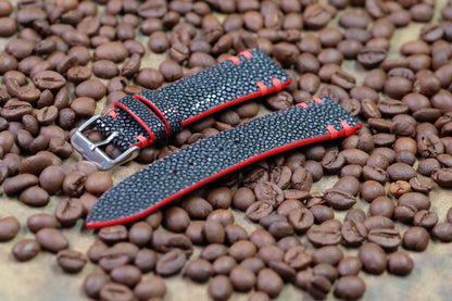 No pearl black stingray leather watch strap with red stitching HDST114