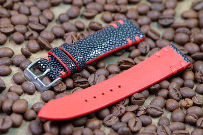 No pearl black stingray leather watch strap with red stitching HDST114