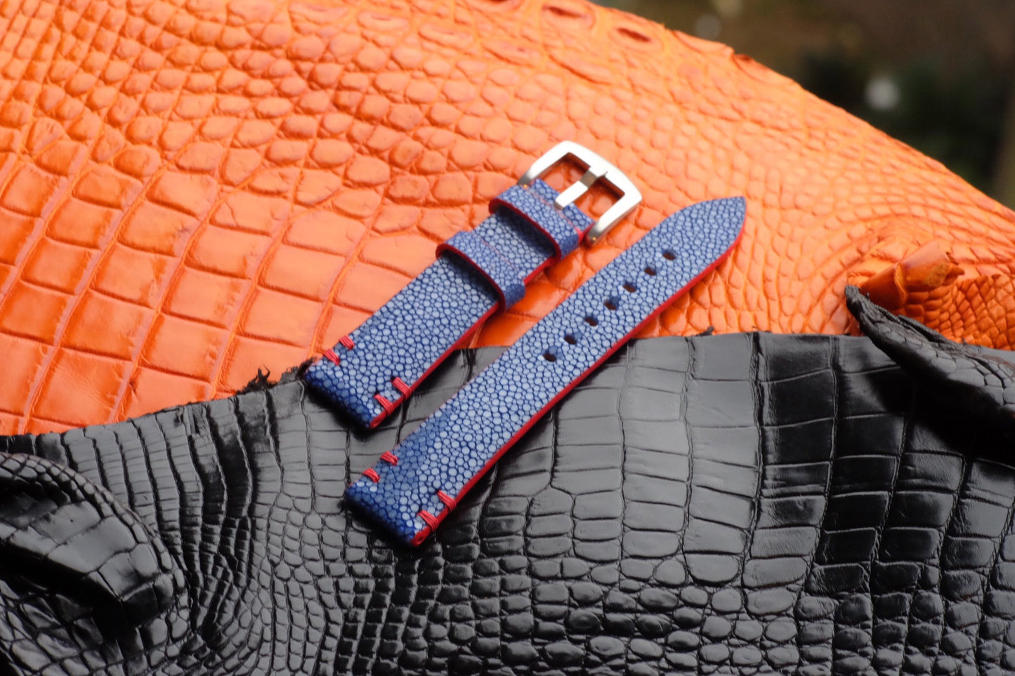 No pearl blue stingray watch strap with red stitching HDST116