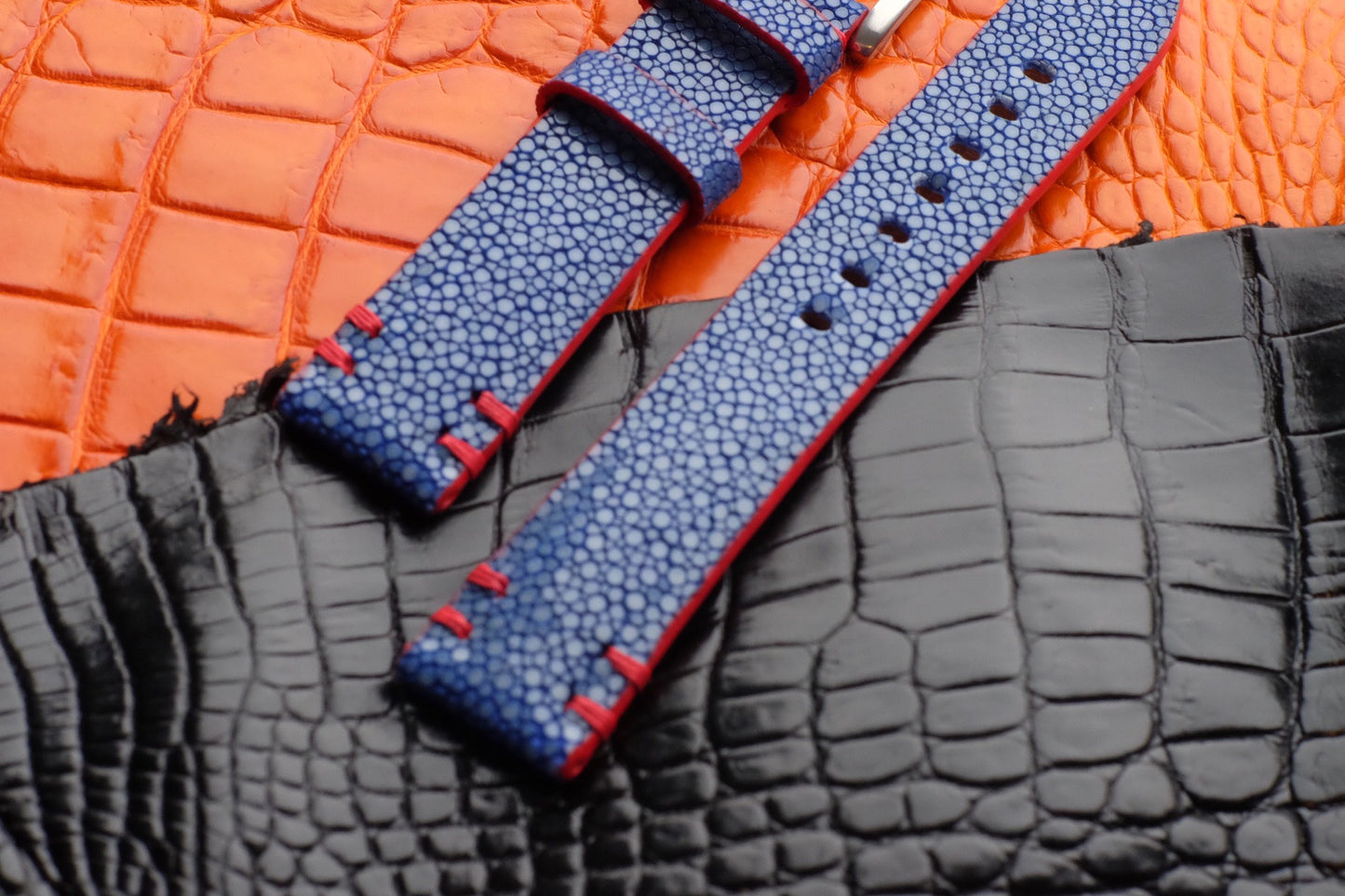 No pearl blue stingray watch strap with red stitching HDST116