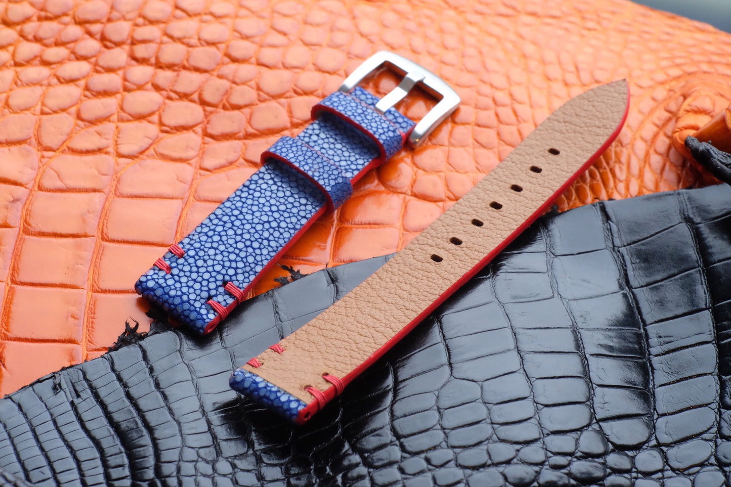 No pearl blue stingray watch strap with red stitching HDST116