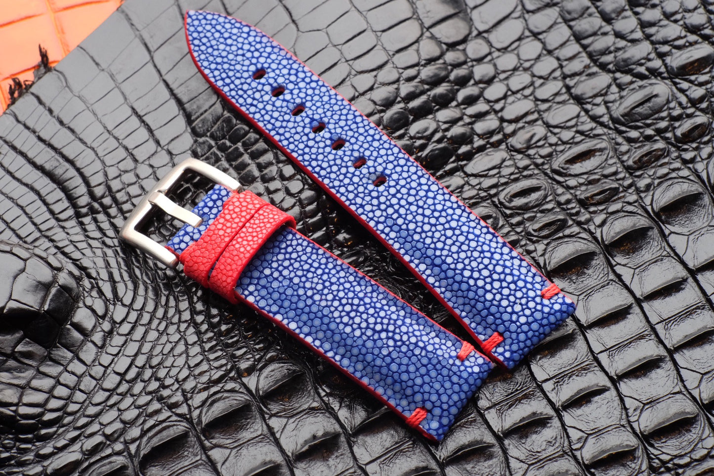 No pearl blue stingray watch strap with red stitching HDST116