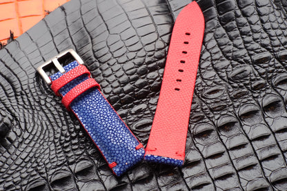 No pearl blue stingray watch strap with red stitching HDST116