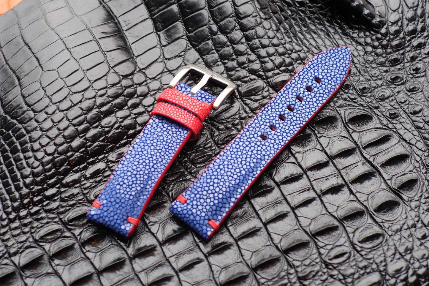 No pearl blue stingray watch strap with red stitching HDST116