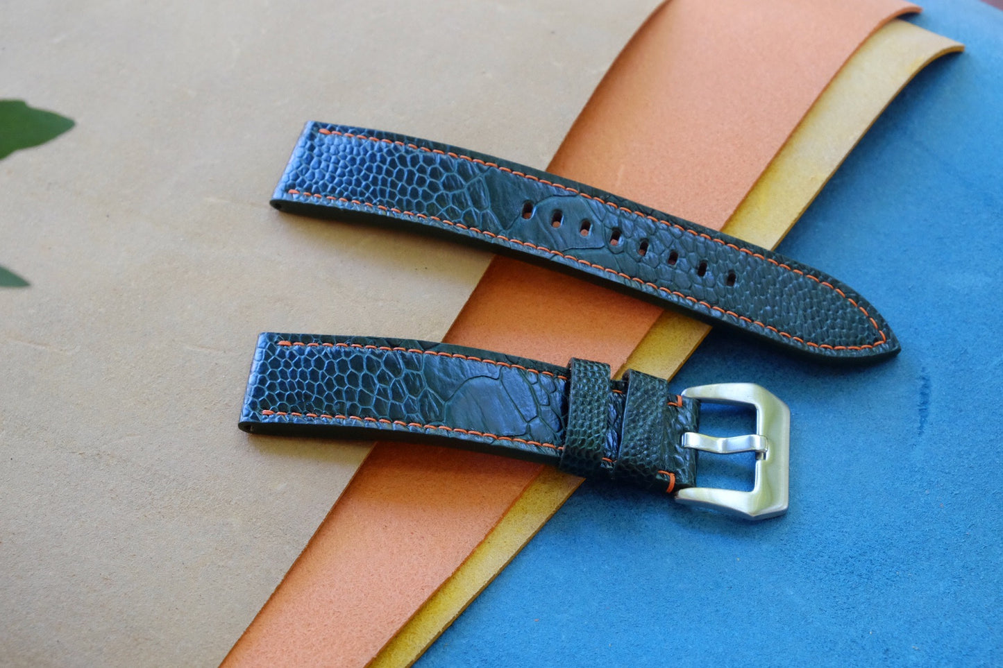 Olive green ostrich leg leather watch strap HDOL57