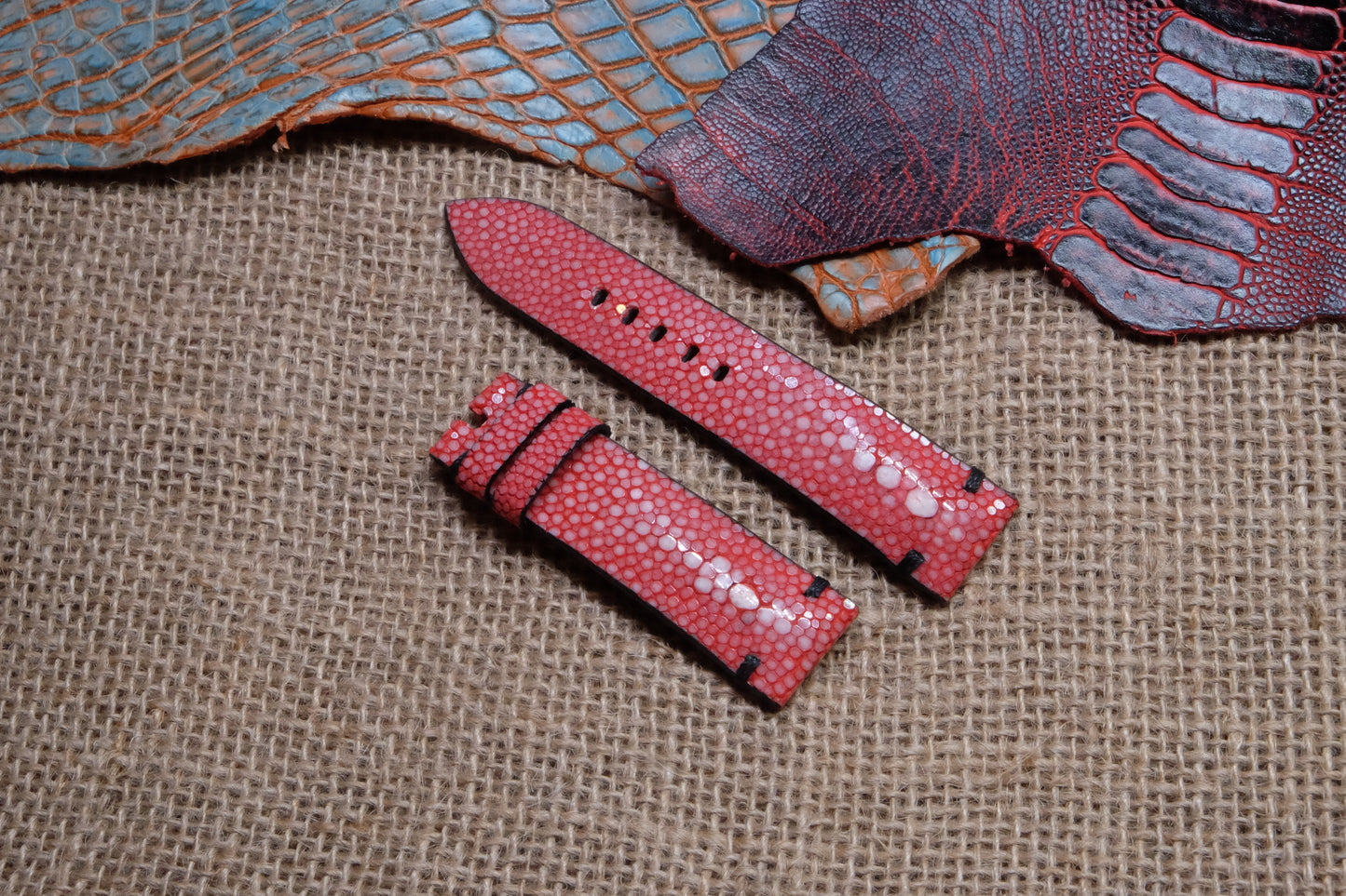 Red double pearl stingray leather watch strap HDST70