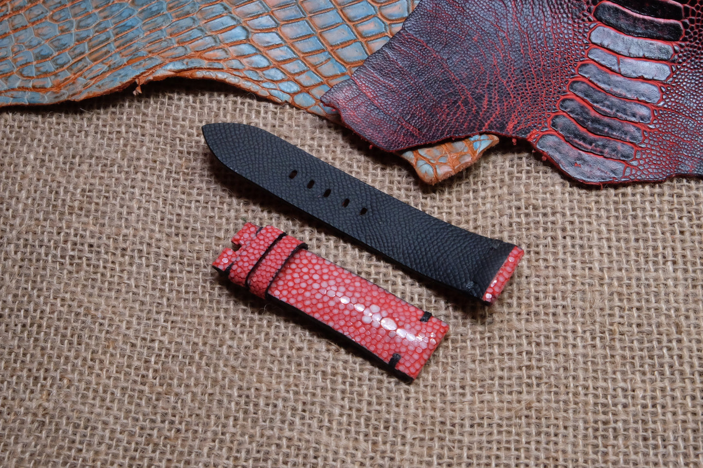 Red double pearl stingray leather watch strap HDST70