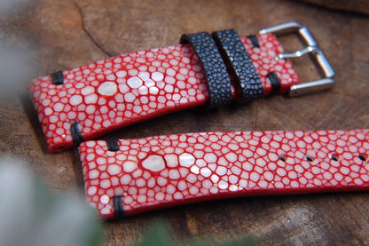 Red double pearl stingray leather watch strap HDST71