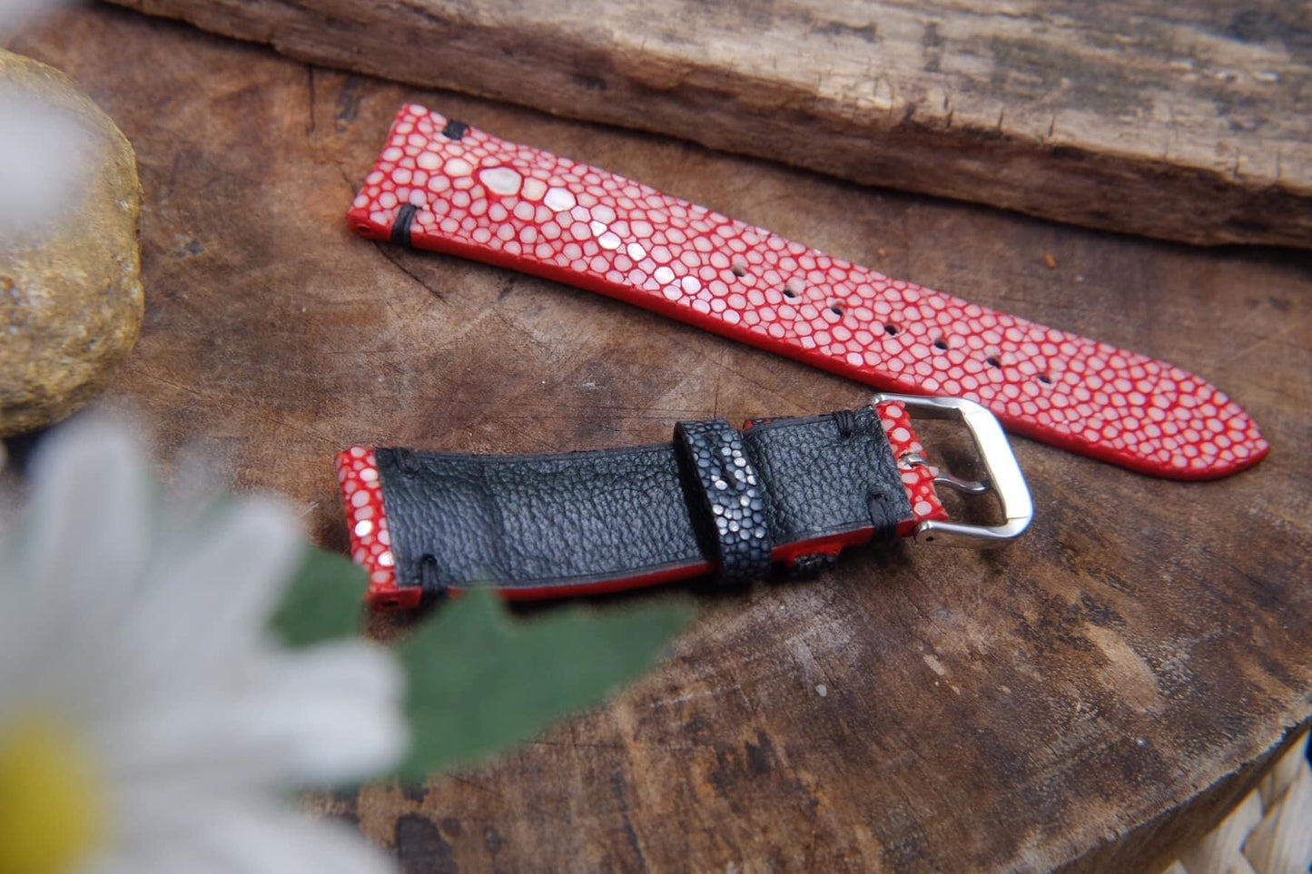 Red double pearl stingray leather watch strap HDST71