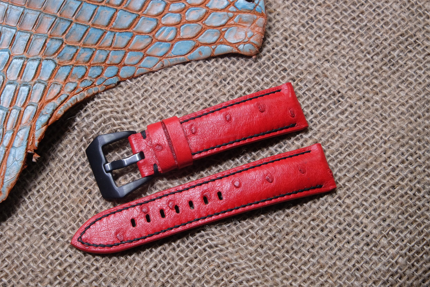 Red ostrich belly skin leather watch strap HDOB01