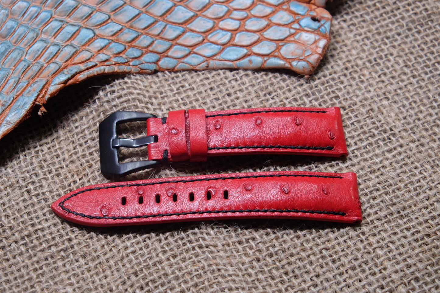 Red ostrich belly skin leather watch strap HDOB01