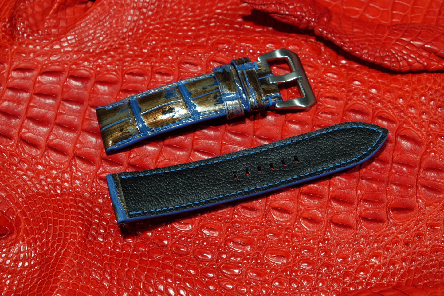 Verdevelon Spain Blue-brown patina belly crocodile skin leather watch strap HDCCD113