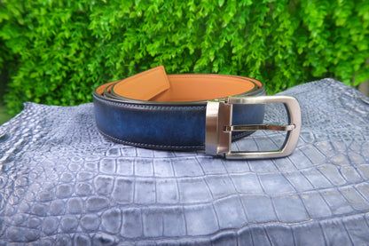 Blue hand dyed patina veg tanned cow leather belt HDBE09