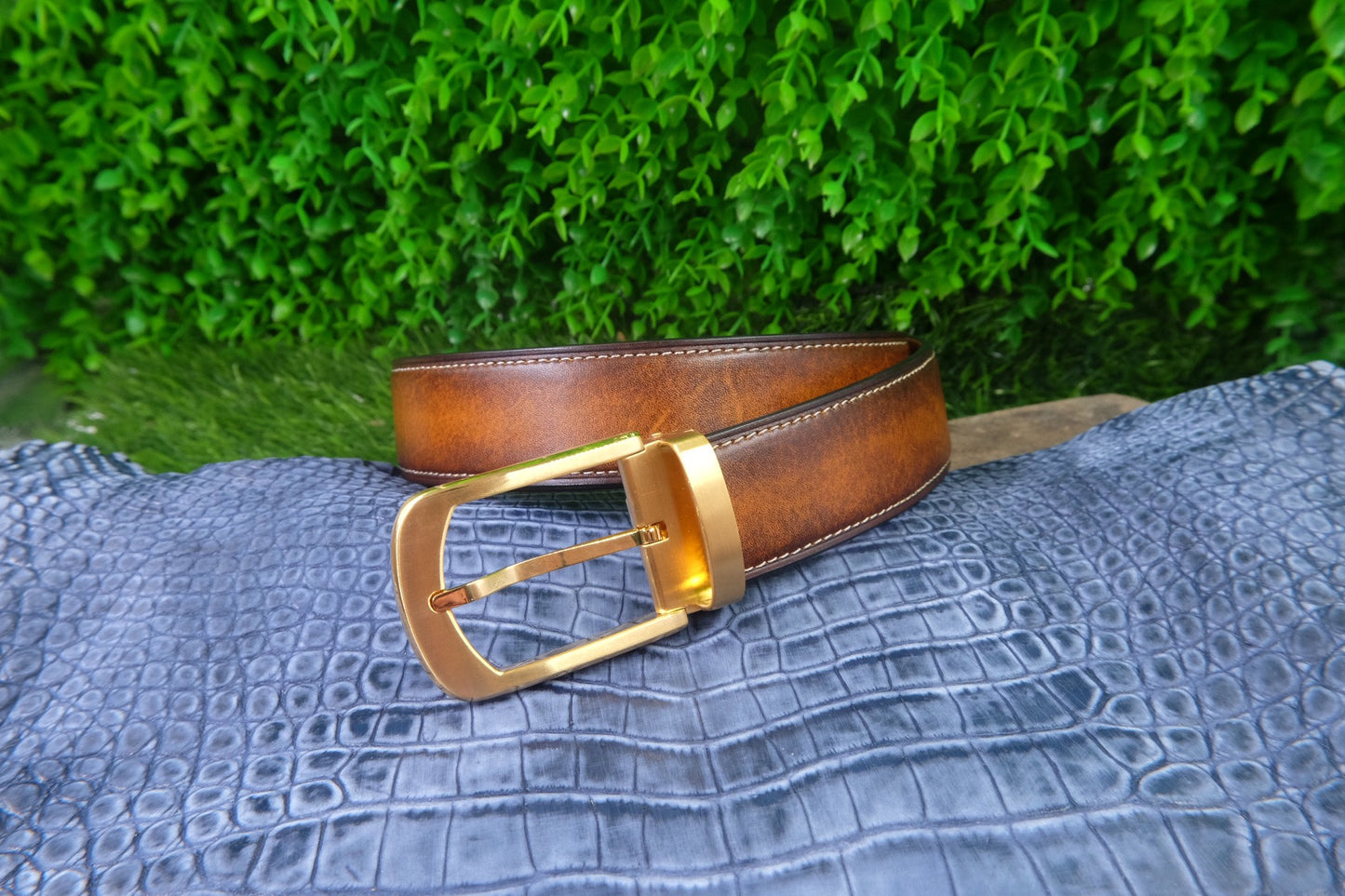 Brown hand dyed patina veg tanned cow leather belt HDBE08