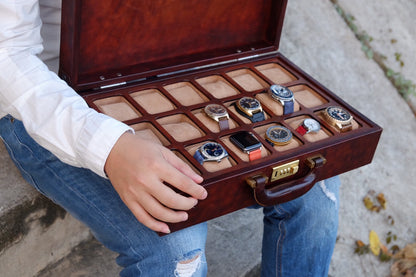 BESPOKE GENUINE BROWN LEATHER  WATCH BOX FOR 18 WATCHES HDBWB01