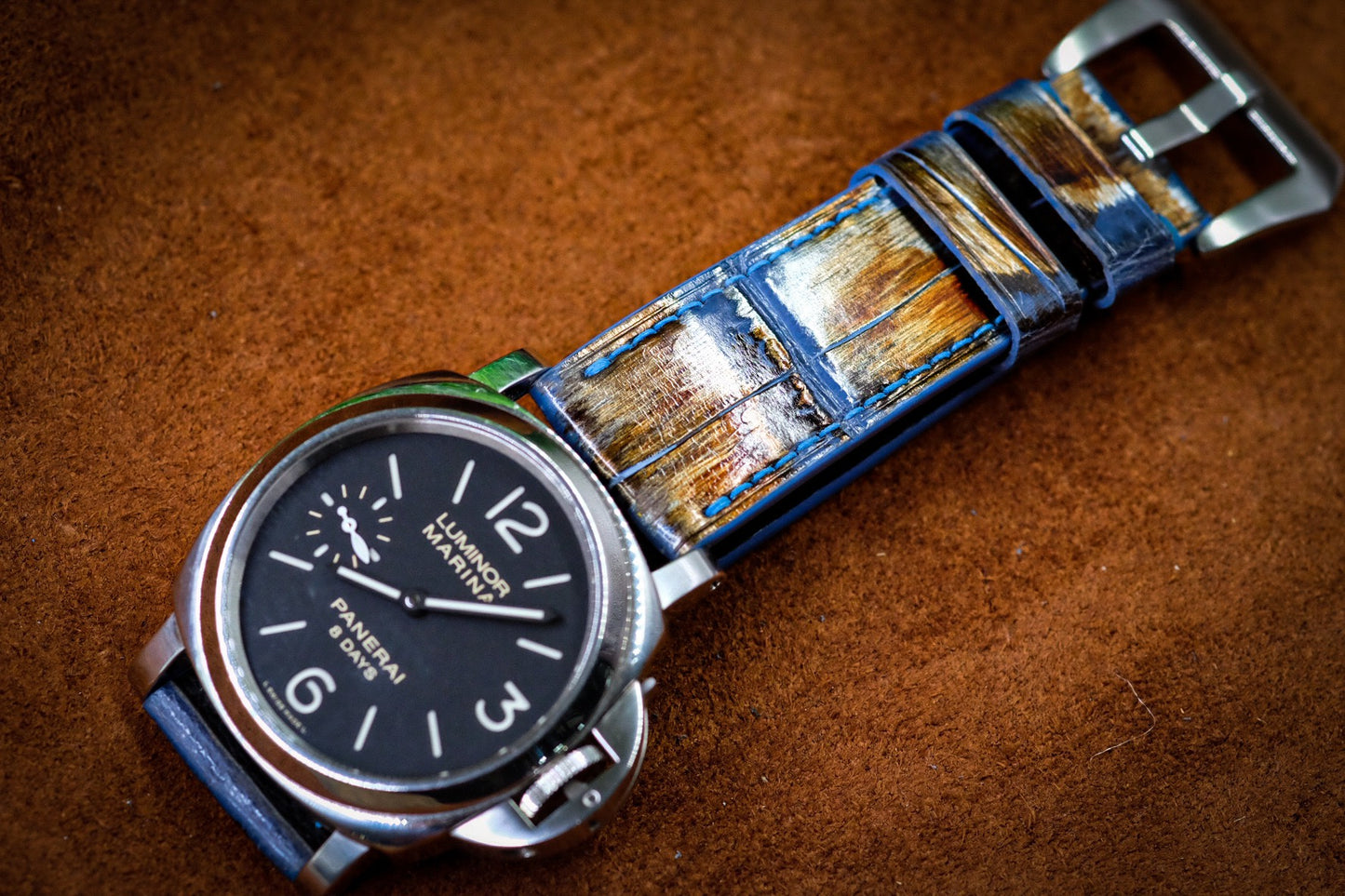 BESPOKE GENUINE VINTAGE BLUE BROWN CROCODILE LEATHER WATCH STRAP BAND FOR PANERAI HDPAM12