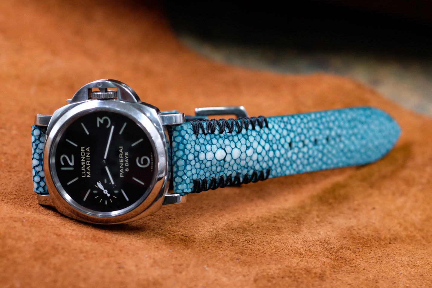 BESPOKE GENUINE BABY BLUE STINGRAY DOUBLE PEARL LEATHER WATCH STRAP BAND FOR PANERAI HDPAM11