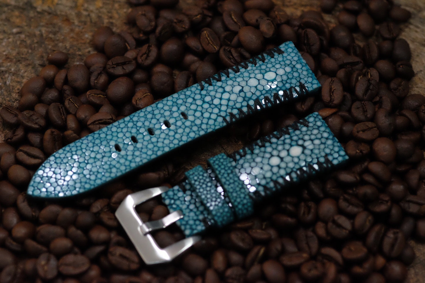 BESPOKE GENUINE BABY BLUE STINGRAY DOUBLE PEARL LEATHER WATCH STRAP BAND FOR PANERAI HDPAM11