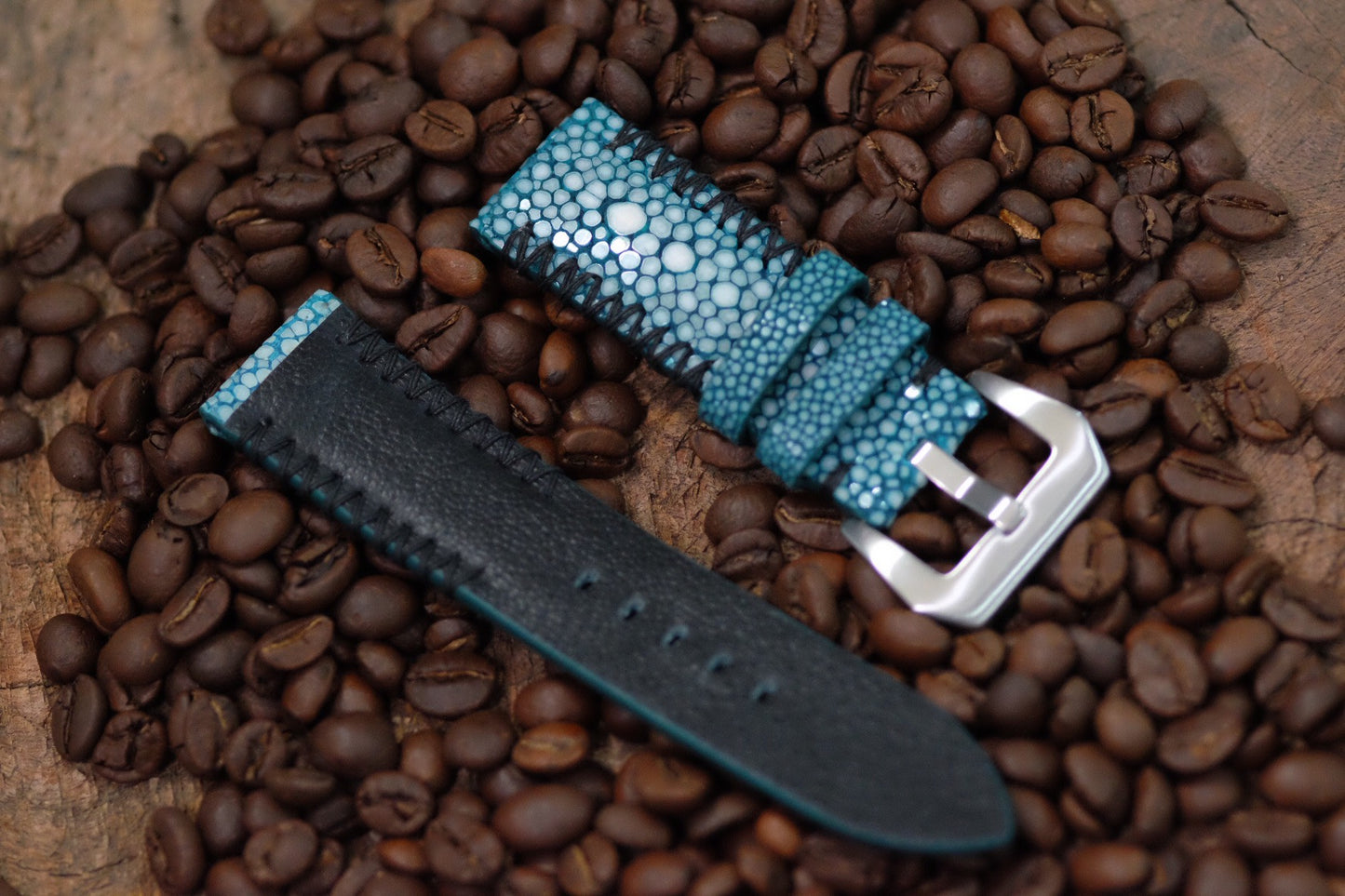 BESPOKE GENUINE BABY BLUE STINGRAY DOUBLE PEARL LEATHER WATCH STRAP BAND FOR PANERAI HDPAM11