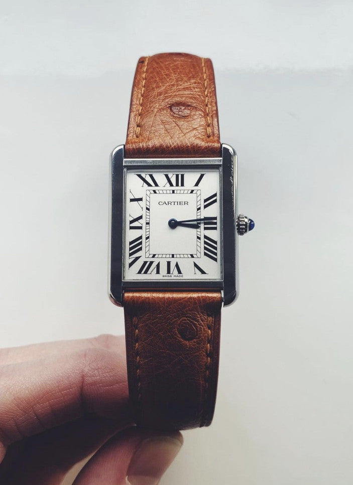 Custom tan brown ostrich belly skin leather strap for Cartier Tank HDCAS07