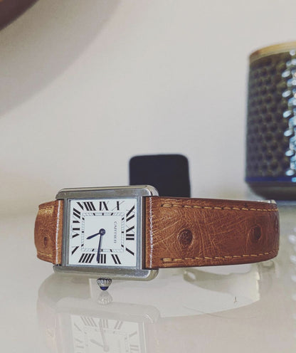 Custom tan brown ostrich belly skin leather strap for Cartier Tank HDCAS07