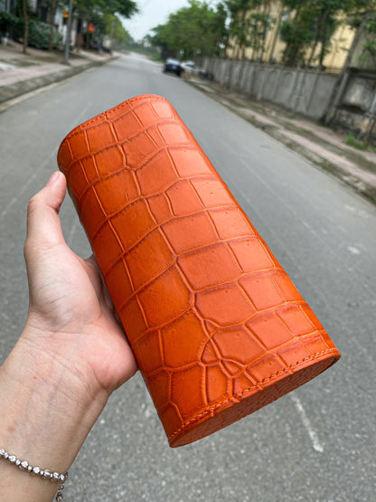 BESPOKE GENUINE ORANGE CROCODILE SKIN LEATHER MIXED WOOD WATCH ROLL HDWR19