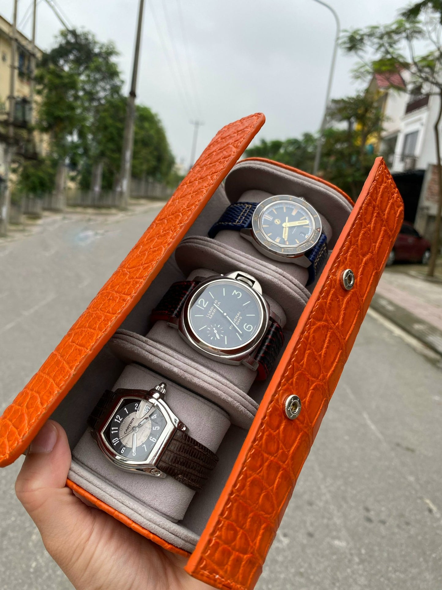 BESPOKE GENUINE ORANGE CROCODILE SKIN LEATHER MIXED WOOD WATCH ROLL HDWR19