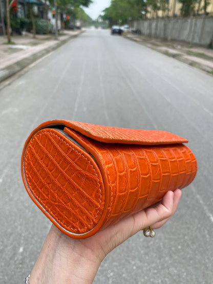 BESPOKE GENUINE ORANGE CROCODILE SKIN LEATHER MIXED WOOD WATCH ROLL HDWR19