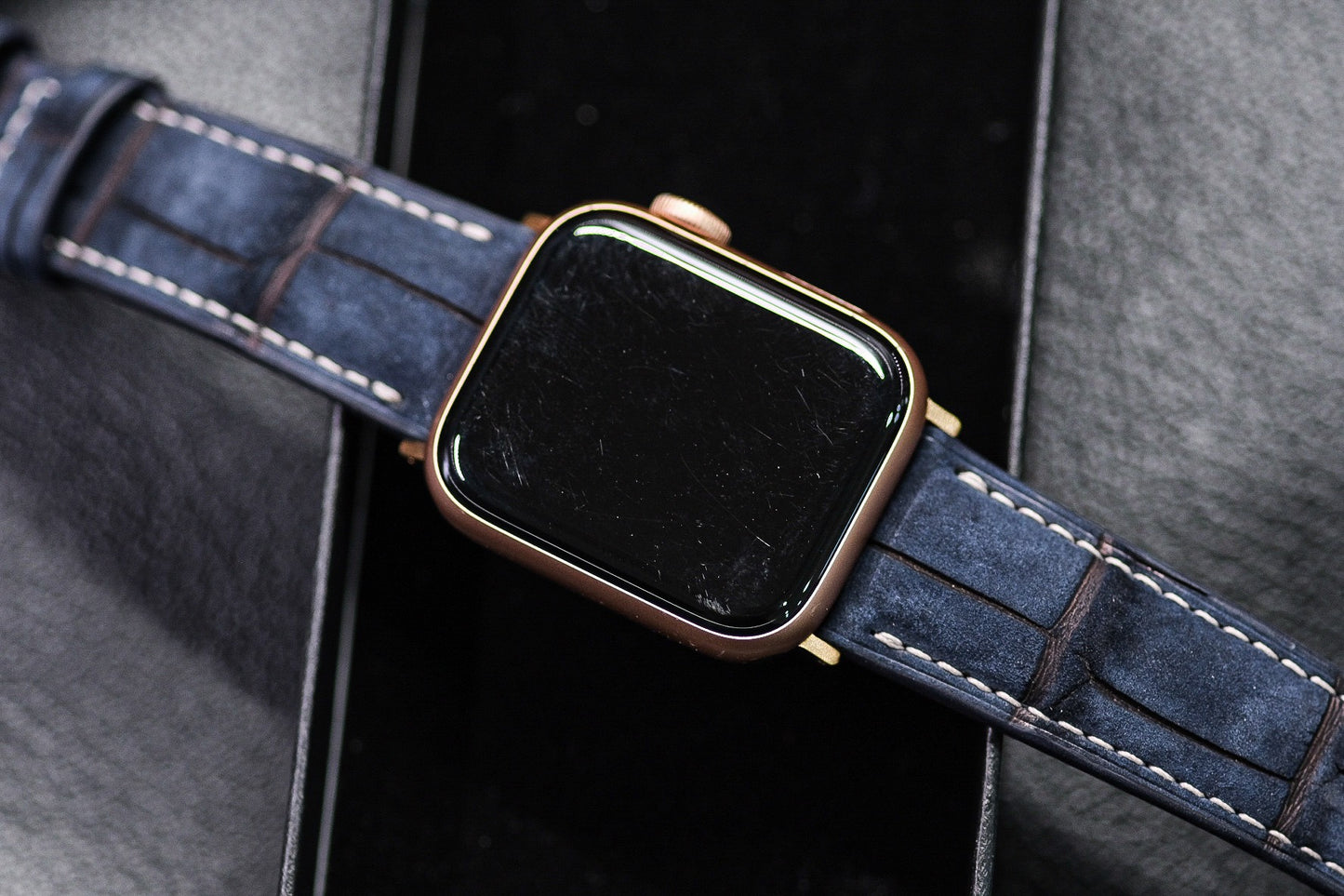 BESPOKE GENUINE DARK NAVY BLUE NUBUCK CROCODILE APPLE LEATHER STRAP HDAW02