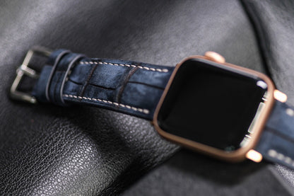 BESPOKE GENUINE DARK NAVY BLUE NUBUCK CROCODILE APPLE LEATHER STRAP HDAW02