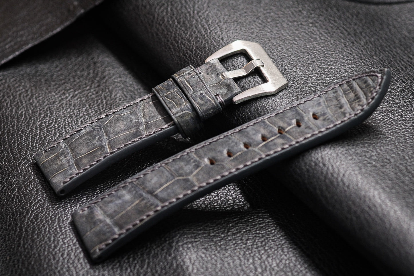 BESPOKE GENUINE ANTHRACITE GREY NUBUCK CROCODILE LEATHER WATCH STRAP HDCS02