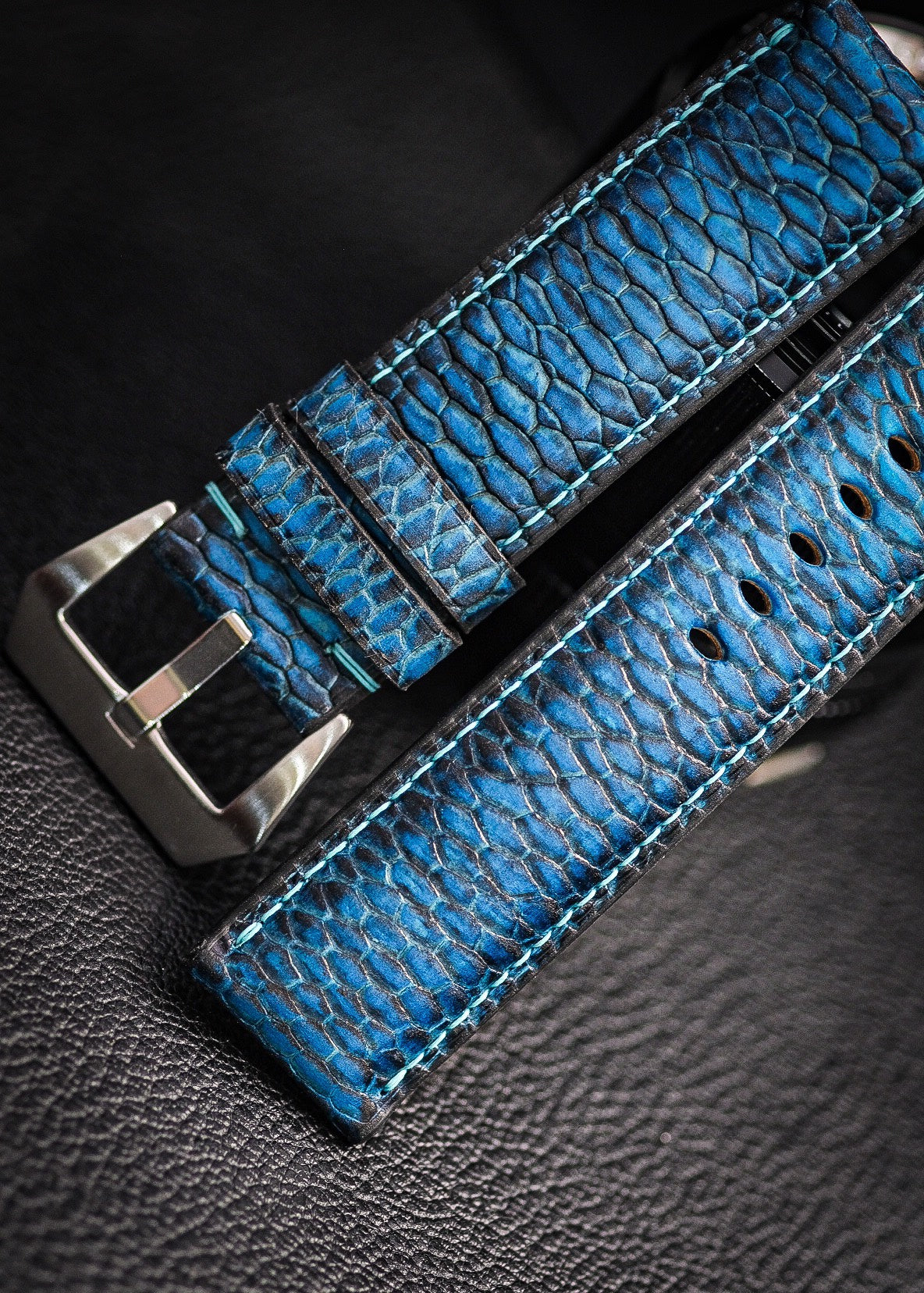 HAND DYED PATINA TURQUOISE BLUE PATINA BEAVER TAIL LEATHER STRAP HDPAM18