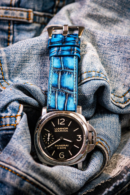 hand dyed patina turquoise blue patina crocodile strap HDPAM16