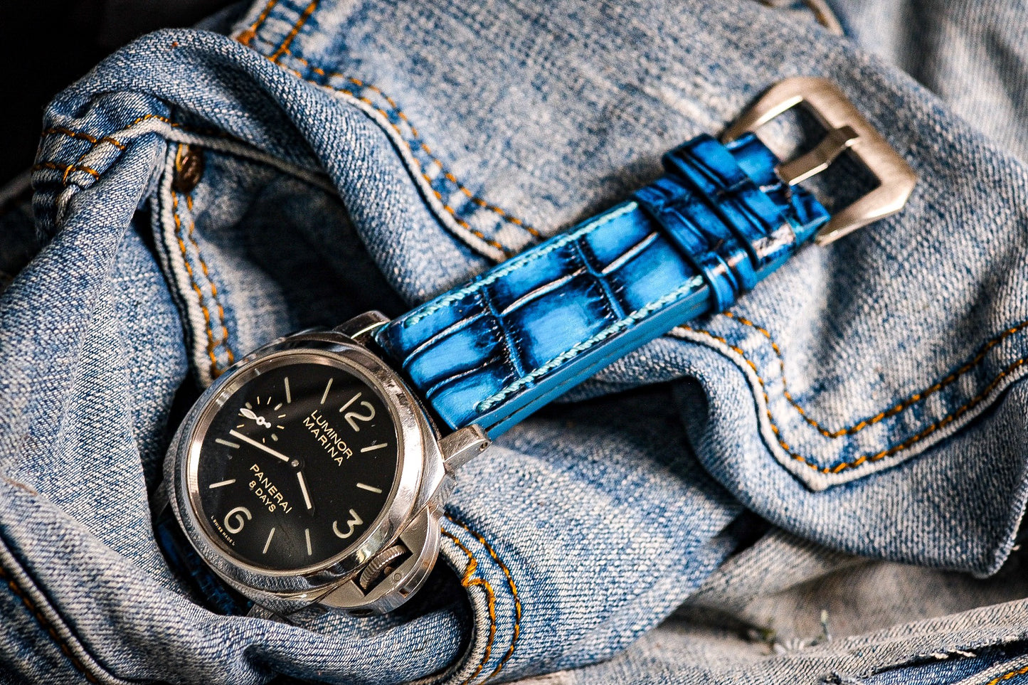 hand dyed patina turquoise blue patina crocodile strap HDPAM16