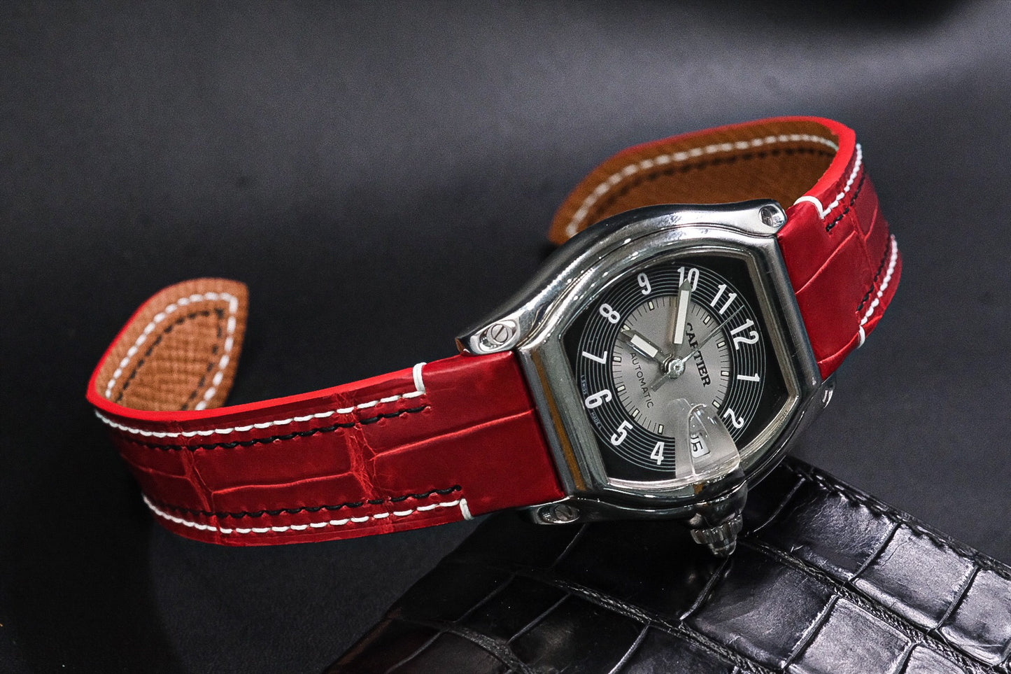 BLACK GENUINE RED CROCODILE SKIN LEATHER WATCH STRAP HDCS40