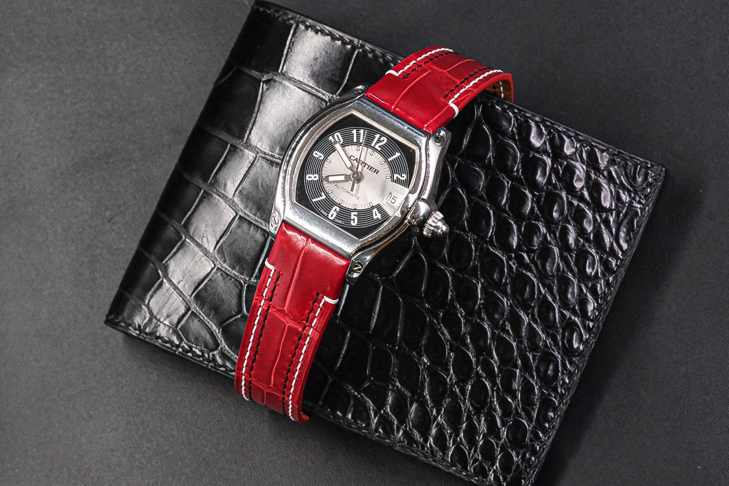 BLACK GENUINE RED CROCODILE SKIN LEATHER WATCH STRAP HDCS40