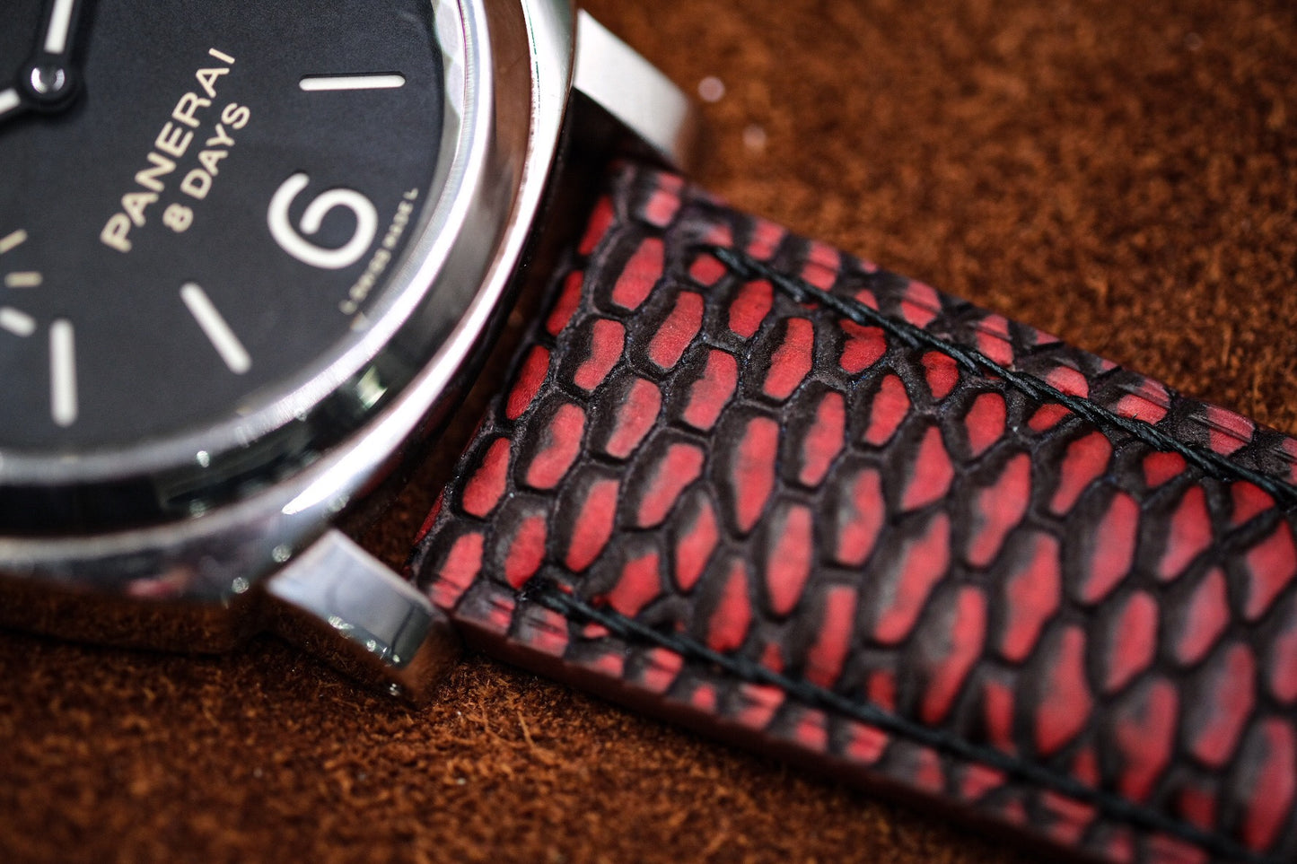 BESPOKE GENUINE PATINA RED BEAVER TAIL LEATHER WATCH STRAP BAND FOR PANERAI HDPAM20