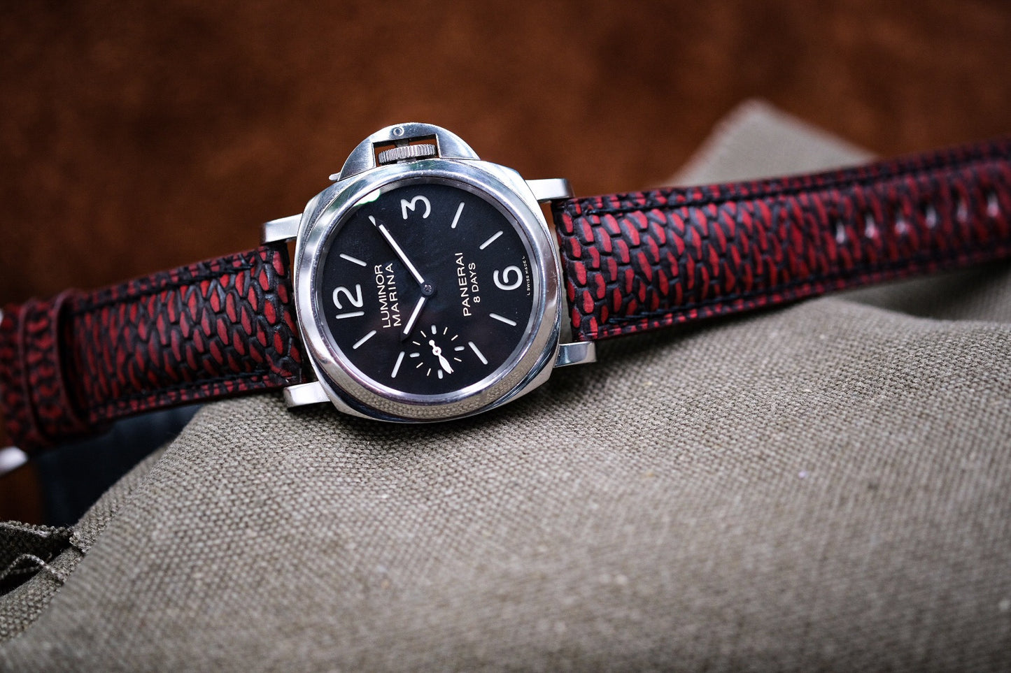 BESPOKE GENUINE PATINA RED BEAVER TAIL LEATHER WATCH STRAP BAND FOR PANERAI HDPAM20