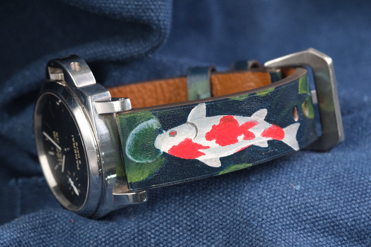 CUSTOM HANDPAINTED JAPANESE KOI CARP LEATHER HANDMADE WATCH STRAP LEATHER  BAND FOR PANERAI HDPAM23