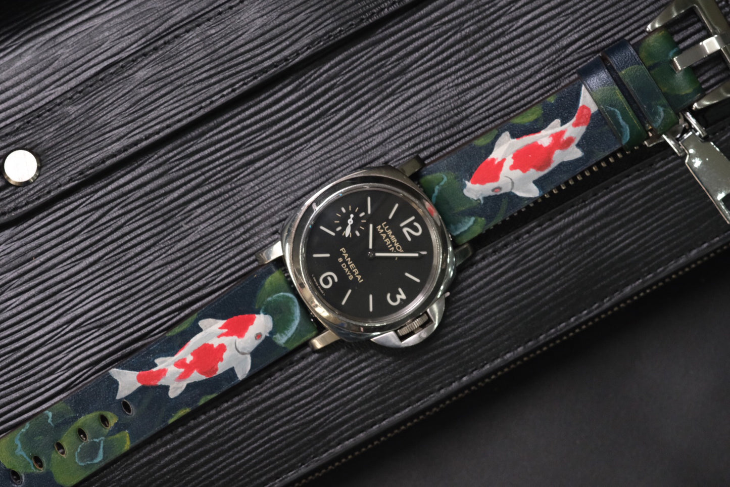 CUSTOM HANDPAINTED JAPANESE KOI CARP LEATHER HANDMADE WATCH STRAP LEATHER  BAND FOR PANERAI HDPAM23