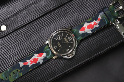 CUSTOM HANDPAINTED JAPANESE KOI CARP LEATHER HANDMADE WATCH STRAP LEATHER  BAND FOR PANERAI HDPAM23