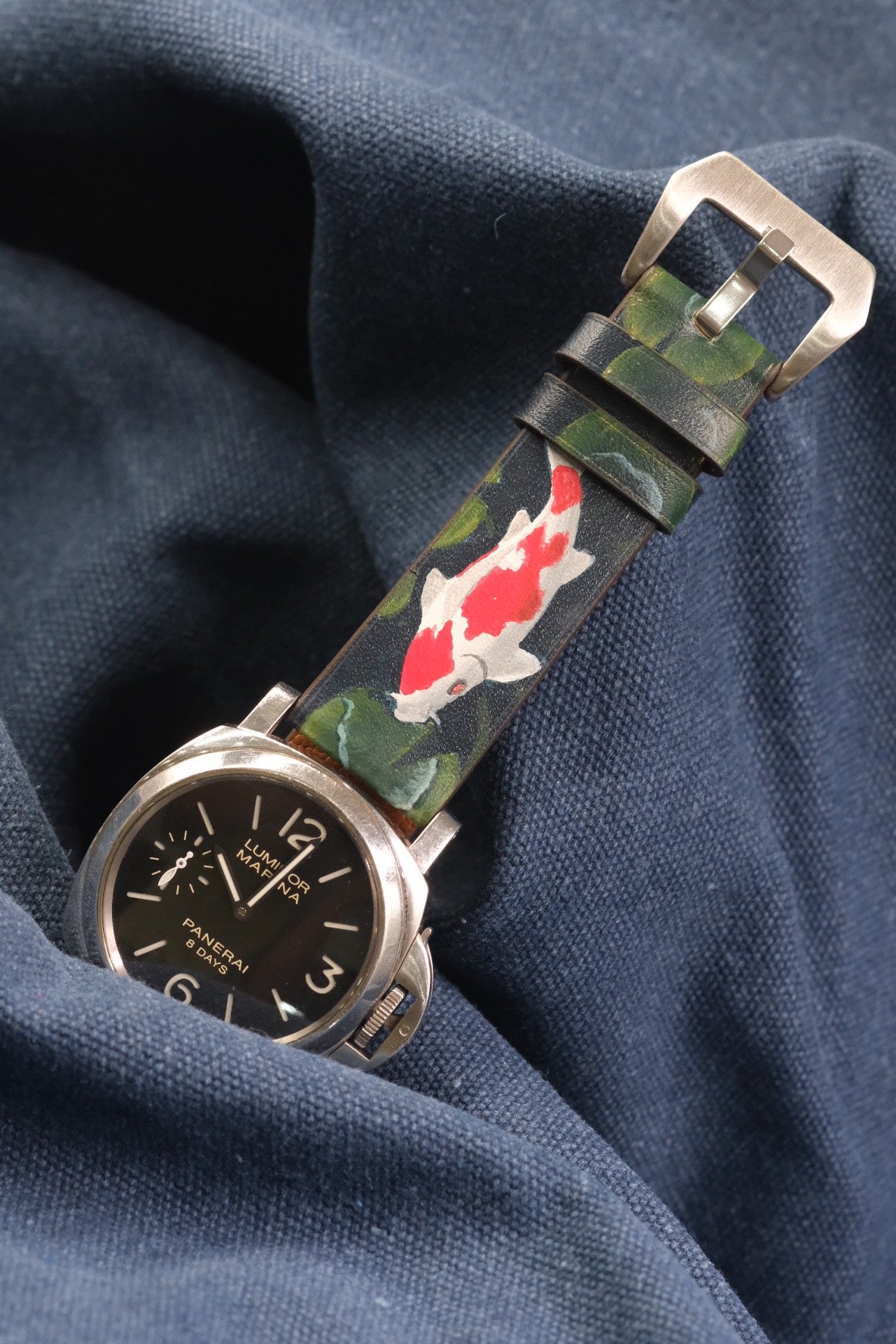 CUSTOM HANDPAINTED JAPANESE KOI CARP LEATHER HANDMADE WATCH STRAP LEATHER  BAND FOR PANERAI HDPAM23