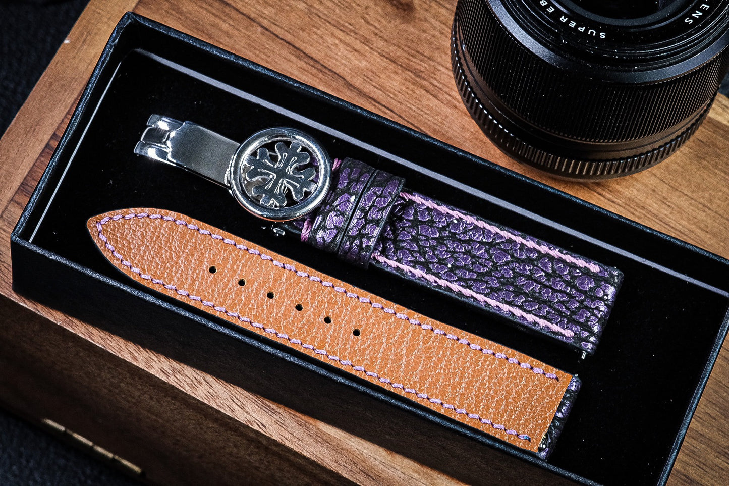 Custom made purple shark skin leather watch strap HDSH24