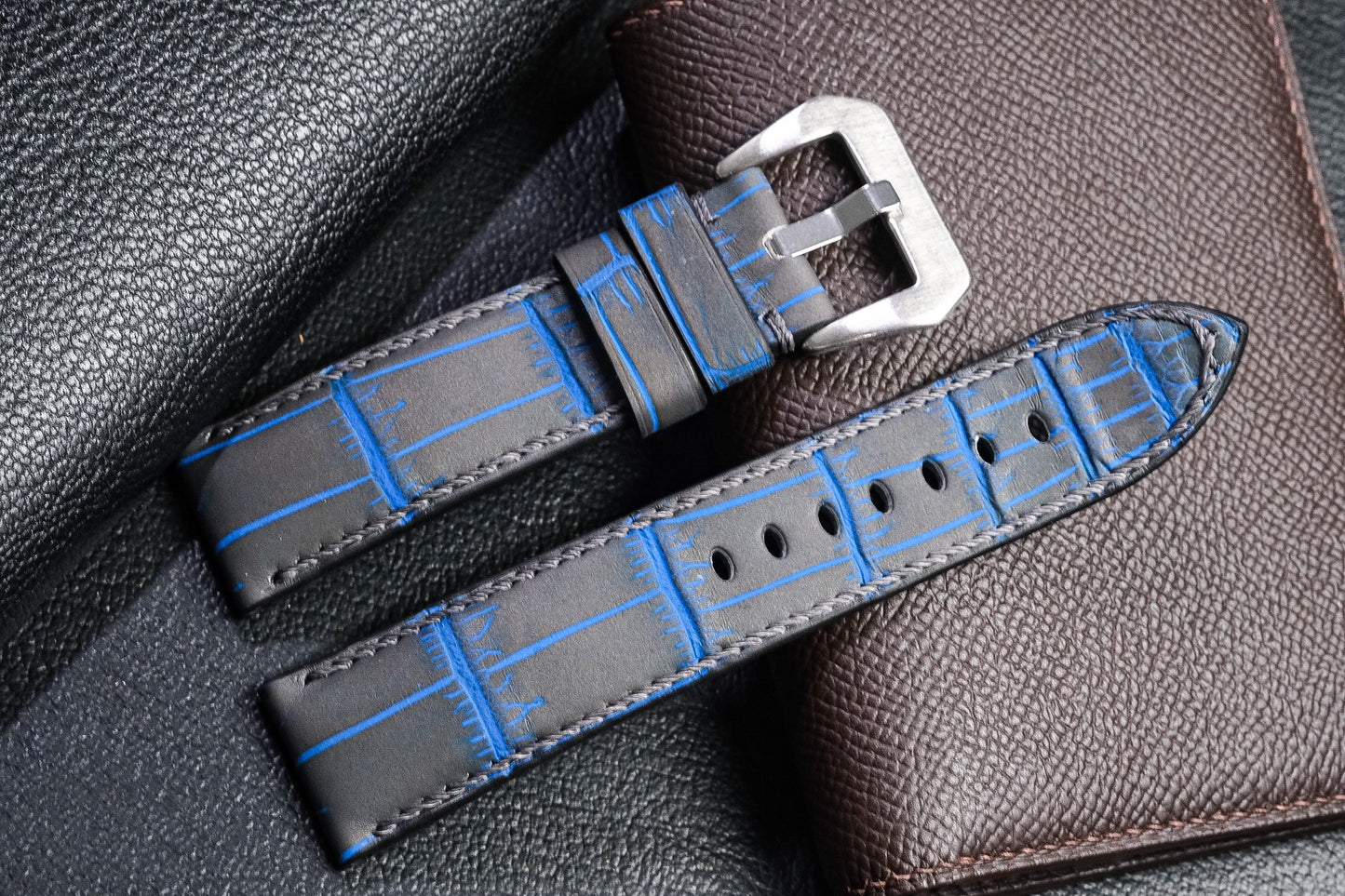 Spain Verdeveleno black crocodile with blue highlight belly skin strap HDCSNS22