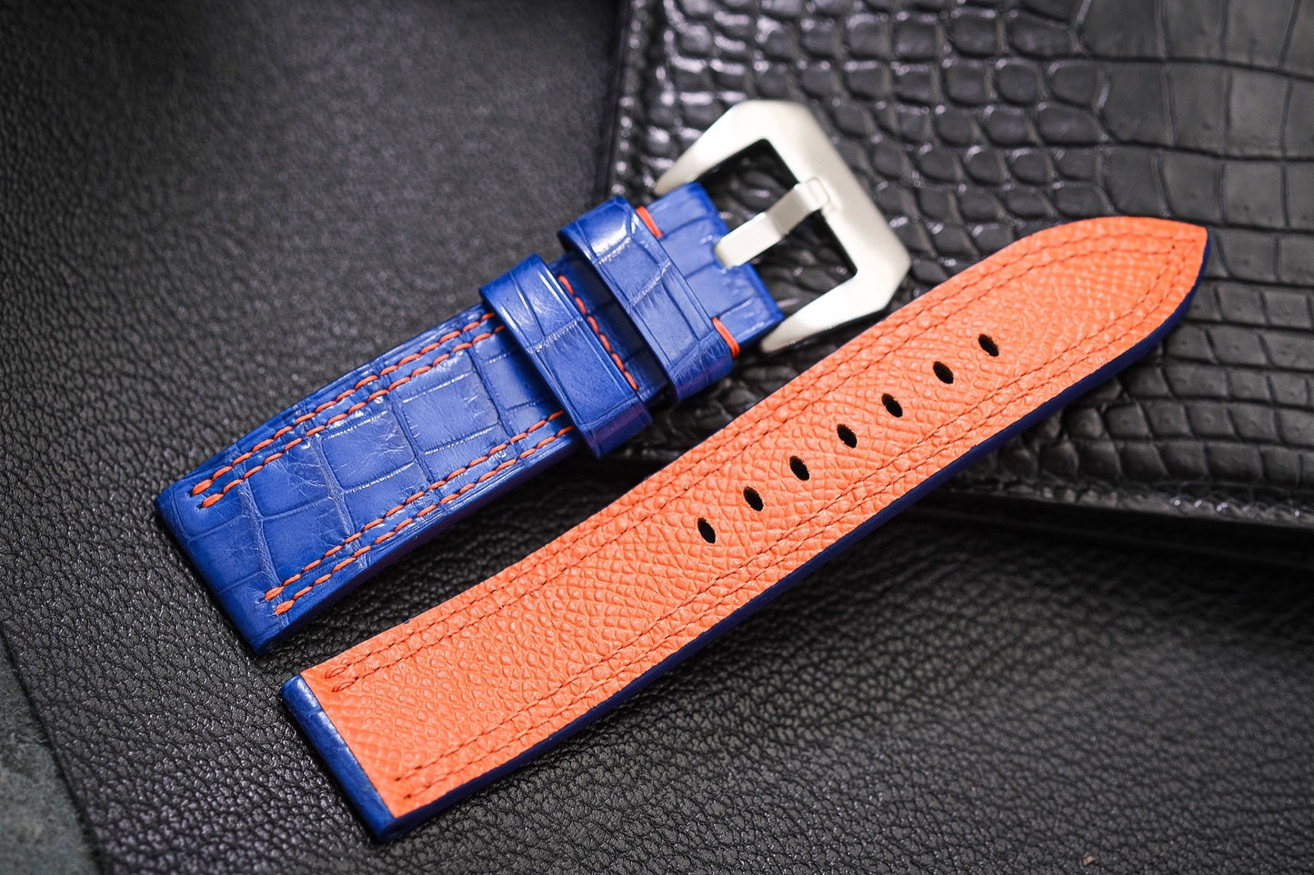 Custom blue color crocodile belly skin leather strap HDCSNS12