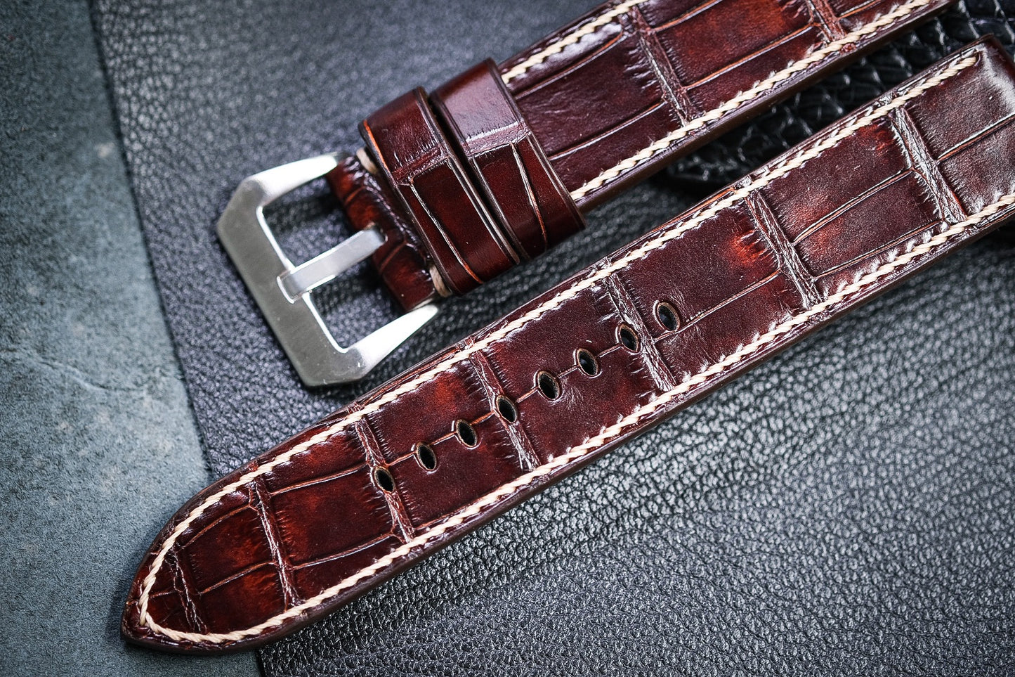 Custom handpainted dark brown color crocodile skin leather strap HDCSNS10